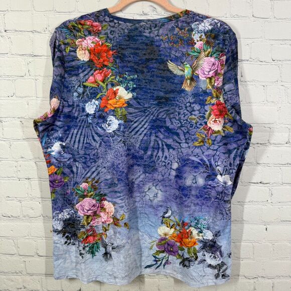 Reba Blouse Women Large Floral Bird Tropical Prairie Stretch All Over Printed - Picture 10 of 14